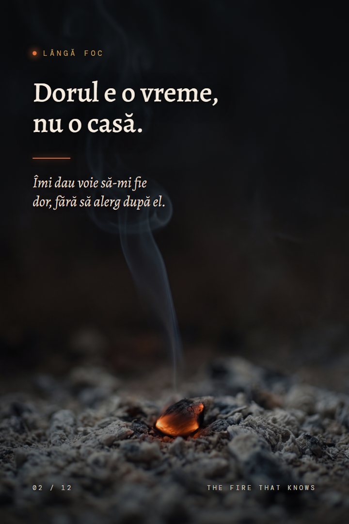 Print Lângă foc: Dorul e o vreme, nu o casă. Îmi dau voie să-mi fie dor, fără să alerg după el.