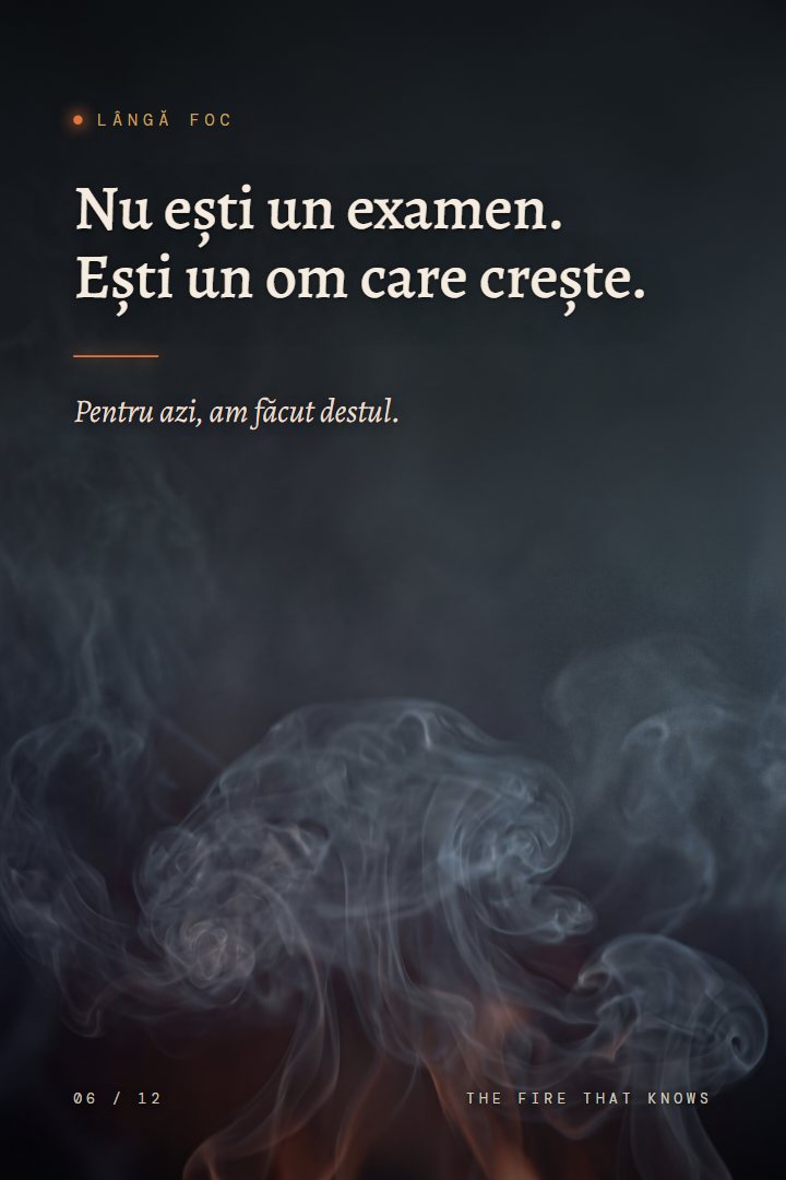 Print Lângă foc: Nu ești un examen. Ești un om care crește. Pentru azi, am făcut destul.